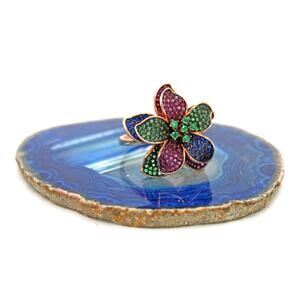 Sterling Silver Rose Vermeil Ruby and Blue Quartz Floral Cocktail Ring